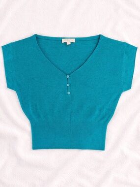 J. Crew Featherweight Cashmere Teal V-Neck Crop Short Sleeve Size M Like New